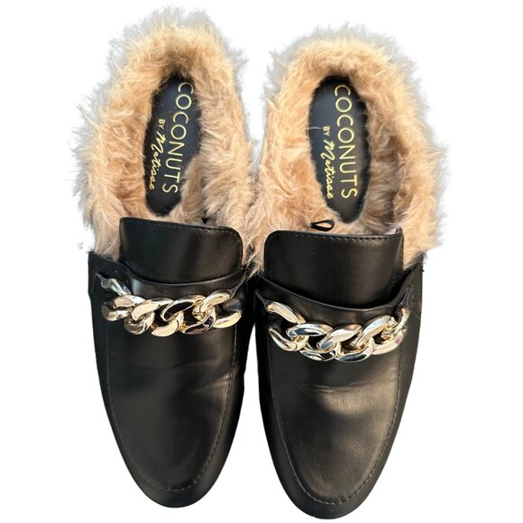 Coconuts by Matisse Black Faux Fur Lined Mules Loafers with Gold Chain Accent | - Picture 1 of 6